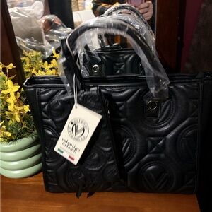 Valentino Orlandi Black Quilted Tote Bag with Detachable Wallet- Women's Handbag